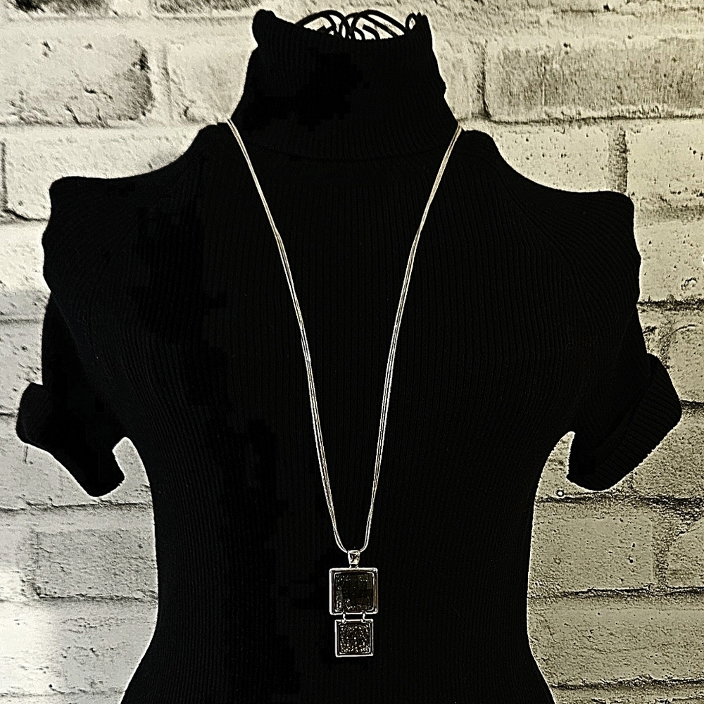 Lia Sophia Long Pendant Necklace – Dual Square Drop on Silver Multi-Strand Chain